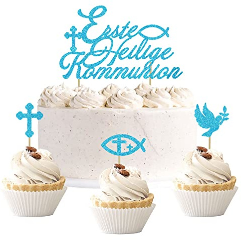 13 Stück Glitzer Tortendeko Kommunion Junge, Cake topper Taufe Deko für Erste Heilige Kommunion, Junge Tortendeko Taufe Konfirmation (Blau)