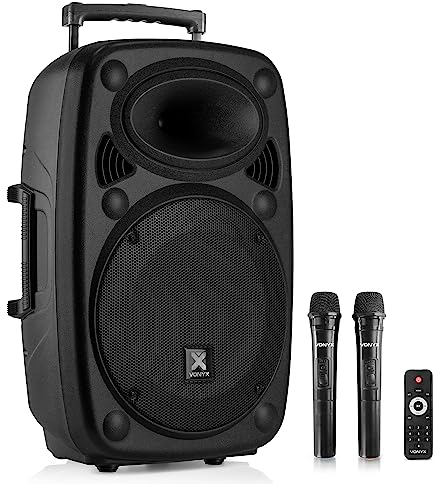 Vonyx Verve38 - Altavoz portátil autoamplificado de 800W con batería, Bluetooth, subwoofer de 12, Reproductor USB/SD/MP3, Entrada AUX, 2 micrófonos UHF, Karaoke y Mando a Distancia, Color Negro
