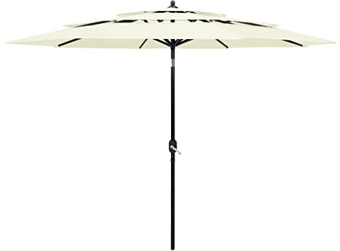 Higsose Parasol de Plage à 3 Niveaux avec Mât en Aluminium Sable 300x243 cm Parasol de Patio Polyester Anti-UV Parasol Pliable Cour Parasol de Table Anti-décoloration Parasol de Jardin