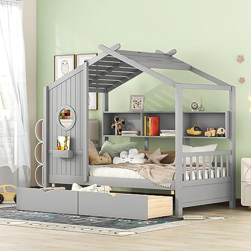 HUMEHA Twin Bed Frames for Kids, House Bed with Window and Fence, Wood Platform Bed Frame with Drawers and Shelves, Playhouse Bed for Boys Girls, Gray, 78 L x 42.7 W x 72 H