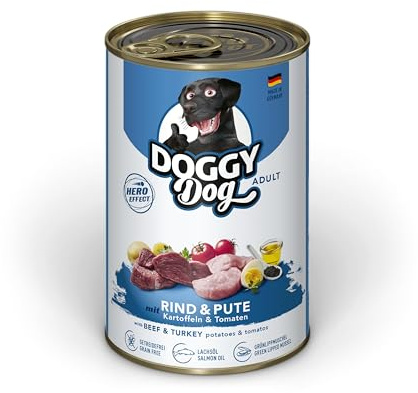 DOGGY Dog Paté nötkött & kalkon, 6 x 400 g, våtfoder för hundar, spannmålsfritt hundfoder med laxolja och grön läppmussla, komplett mat med potatis och tomat, tillverkad i Tyskland