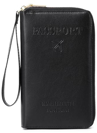 DAITET Reisepasshülle PU Leder für Damen und Herren, RFID-blockierende Reisebrieftasche, Reisepasshalter, Kartenfächer, Dokumenten-Organizer, Handgelenkschlaufe, Schwarz