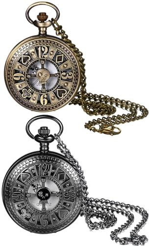 JewelryWe Fars dagspresent fickur herr retro kugghjul/dödskalle/romerska siffror/stjärntecken världskarta kedjeklocka analog kvarts klocka hänge med halsband kedja brons present för män