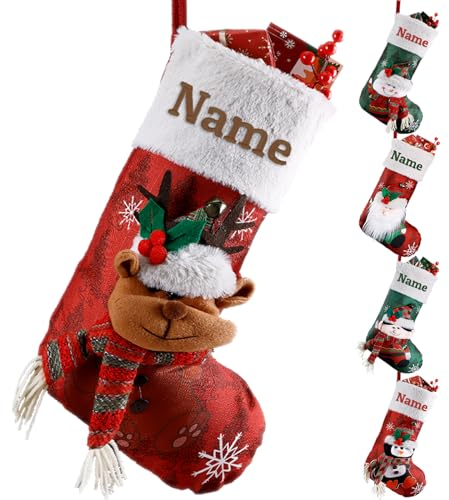 witfox Nikolausstrumpf personalisiert mit Namen Kinder- nikolausstiefel zum befüllen personalisiert aus Baumwolle Leinen mit 3D-Schneemann, Weihnachtsdeko für Familie, Kinder-Rentier