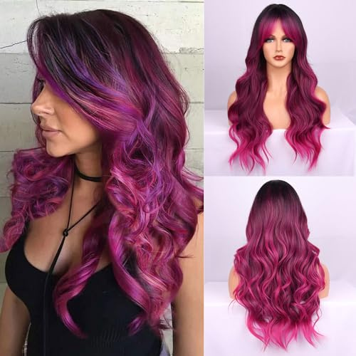 Fulang Hair perücke Schwarz-rosa Farbverlauf lang, Lange Lockige Hitzebeständige Faser Synthetische Perücke, peruka damen natürlich haare für den täglichen