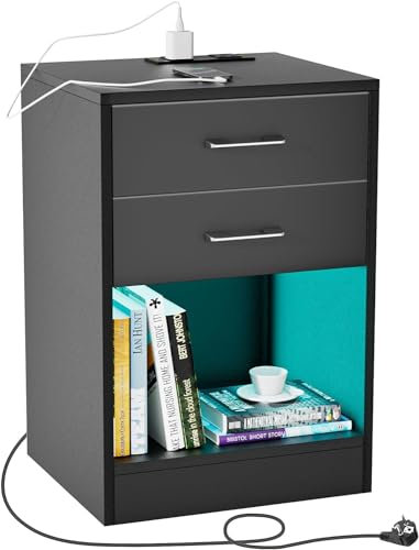 PIPIPOXER Table de chevet moderne avec prise et USB - Table de chevet moderne avec LED - 2 tiroirs - Pour chambre à coucher - Noir - 40 x 35 x 60 cm