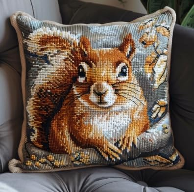 Lfynior Kreuzstichkissen Set Eichhörnchen Stickkissen zum Selbersticken 45X45cm Stickpackung Stickset Kreuzstich Kissen zum Basteln Stickkissen Stickpackung mit Vorgedruckt Kreuzstichmotiv