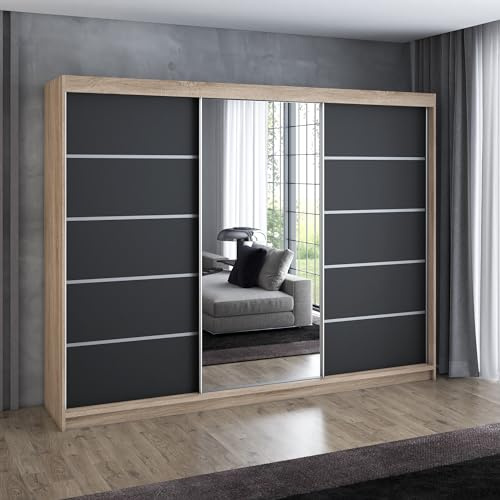 A&J MöbelLand Schwebetürenschrank VILUNO 1 Kleiderschrank 3-türig 200 cm mit Spiegel, 4 Schubladen & 2 Kleiderstangen, Geräumiger Schlafzimmerschrank (Sonoma/schwarz)