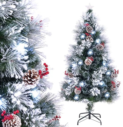 COSTWAY Weihnachtsbaum Künstlich mit Beleuchtung, Tannenbaum mit Schnee & kaltweißen LEDs & Glasfaser & Sternspitze, 8 Modi, Christbaum mit Tannenzapfen & roten Beeren, Grün+Weiß (150 cm)