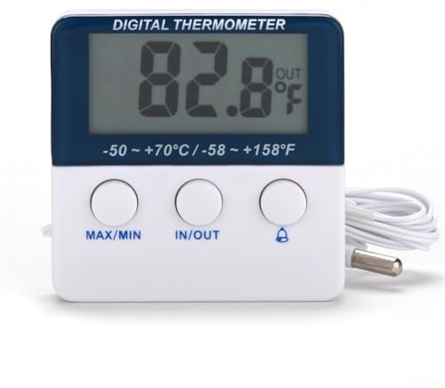 Besttoolifes Termómetro digital para frigorífico y congelador con imán y soporte con indicador de alarma LED, memoria máxima/mínima, termómetro para congelador