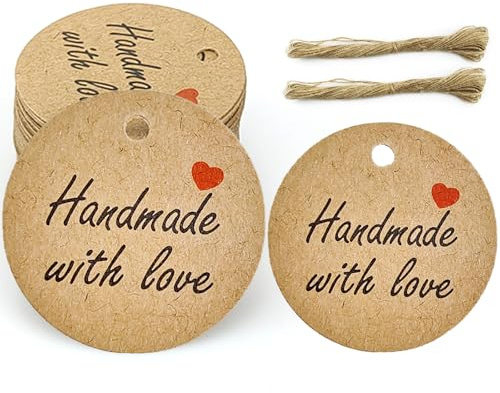 100 Stück Geschenkanhänger Kraftpapier, Handgefertigtes Etikett mit 20m Leinen Seil für Geschenk Dekoration,Die Rückseite kann geschrieben werden (Handdmade with love)