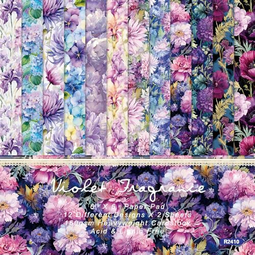 PXAMORTEL Scrapbooking Décor Papier Cardstock Bloc de Papier Lot de 24 Feuilles de Papier à Motifs d'hortensia Violet, 6x6, 15,2 x 15,2 cm, for Album Photo, Journal, DIY
