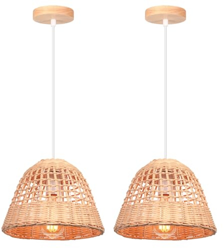 LIGKIN 2 Pezzi Lampade a Sospensione Rattan E27 Lampadario Vintage Ø25cm Paralume Bambù Lampadari, Boho Lampada da soffitto Legno per Salotti Cucine Ristoranti Caffè