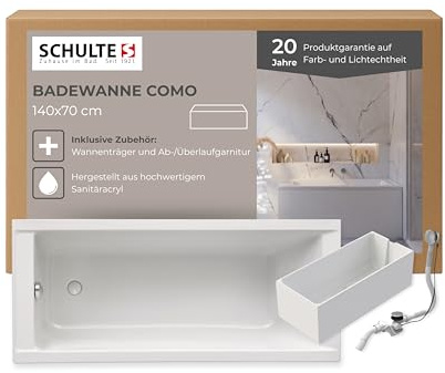Schulte Badewanne Como 140x70 cm, Acryl, Weiß glänzend | Komplettset mit Wannenträger und Ablaufgarnitur aus hochwertigem Acryl für eine abgestimmte Montage.
