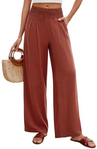 PASUDA Pantaloni Lino Donna Estivi Pantaloni Larghi Elastico Vita Alta Pantaloni Eleganti Pantalone Casual da Spiaggia Comodi Leggeri con Tasche (Rosso Mattone, S)