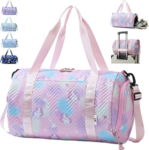 AUNGKWANG 25L Borsa Palestra Unicorno, Borsa da Viaggio Bambina, Impermeabile Borsa Piscina Sportiva, Borsone Viaggio, Travel Weekender Gym Bag Con Scomparto per Donna Scarpe e Strato Umido (Rosa)