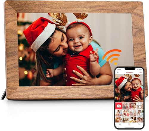 FRAMEO Digitaler Bilderrahmen WLAN 10,1 Zoll - 1280x800 IPS Touchscreen Digitale Bilderrahme, 32GB Speicher, Auto Rotation Elektronischer Fotorahmen, Teilen Sie Fotos/Videos Sofort (Holzmaserung)