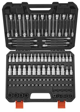 VEVOR 107 PCS Juego de Vasos con Punta, SAE y Métricos, Hexagonales/Torx/Torx Externo/a Prueba de Manipulaciones/Extralargos, Acero de Aleación S2 y Acero Cr-V, con Impulsores de 1/4, 3/8 y 1/2