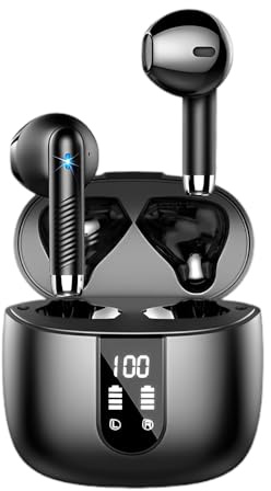 PWTEK Écouteurs sans fil Bluetooth 5.4, écouteurs sans fil avec 4 micros ENC, suppression du bruit, basses profondes, appels clairs 56 h, mini écouteurs Bluetooth, écran LED, noir