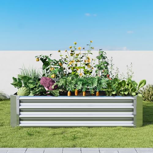 VERFARM Juego de bancal elevado de metal galvanizado, para jardín, 120 x 60 x 30 cm, kit de bancal alto para verduras, flores, hierbas suculentas, macizos de flores y macetas, rectangular, plateado