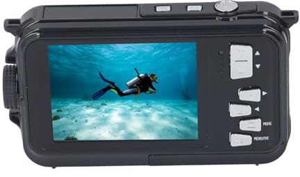 Rankomu Fotocamera subacquea da 2,7 K 48 MP, doppio schermo, resistente all'acqua fino a 10 metri, autofocus, rilevamento del viso ligente, batteria da 650 mAh, fotocamera digitale compatta