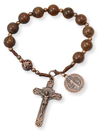 EZVFIRPDFZ Wood Beads One Decade Rosenkranz Handgefertigter Taschenspiegel mit Heiliger Medaille und Jesuskreuz in antiker Bronze, Reisefreundlicher Rosenkranz