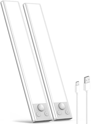 Under Cupboard Kitchen Lights LED, 3 Color Dimmable Cabinet Light, Rechargeable Battery Powered Motion Sensor Indoor, USB Operated Magnetic Stick on Wardrobe Strip Lighting for Shelf Stairs Counter