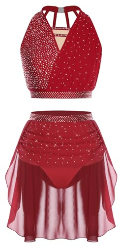 Sinleey Zeitgenössischer Tanzanzug Für Damen Mit Strass Glitzerndes Set Top Und Rock Short Latin Tanz Kostüm Eiskunstlauf Gymnastik B Burgundy S