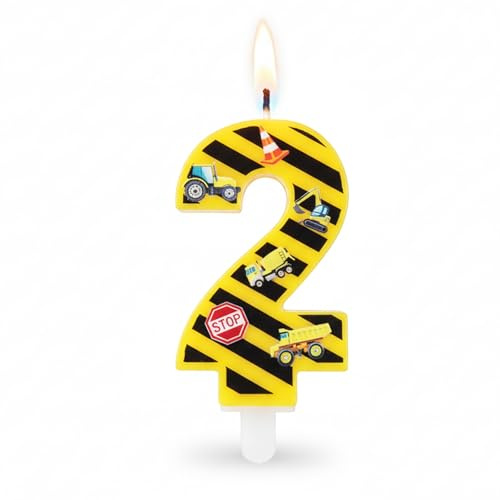 ZingBox Baustellen Kerze 2 Geburtstag Junge, Gelb Bagger Geburtstagskerze 2 | Bagger Geburtstagskerzen Zahlen 2, Baustelle Kerze Geburtstag 2 Jahre, Zahlenkerze 2 Bagger Kuchendeko, Baustellenparty Deko