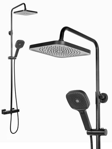 Duschsystem mit Thermostat, Duscharmatur Komplettset schwarz mit Regendusche & Handbrause, höhenverstellbare Duschsäule 109–136cm, 22.5x22.5cm Kopfbrause 360° drehbar (Schwarz)