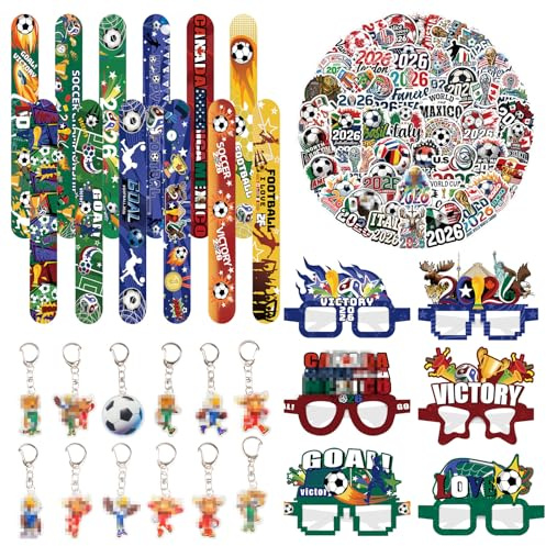 Clvsyh Fußball Mitgebsel Set für Kinder, 86 Stück 2026 Fußball Party Mitgebsel, 12 Armbänder + 12 Brillen + 12 Schlüsselanhänger + 50 Aufkleber, Gastgeschenk für Geburtstag, Party & Schule