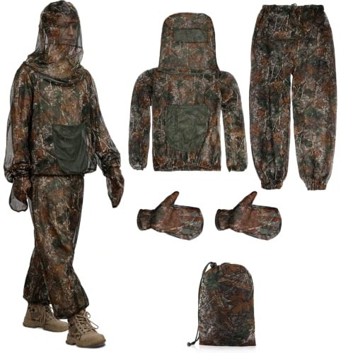 PELLOR Mosquito Suit Camo Ghillie Suit Bug Protection Unisex 3Pcs Set | Bug-proof mesh pocketed jacket, trousers & gloves, adjustable drawstrings, carry bag, Camo, For hunting, fishing