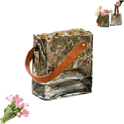 Vase portefeuille en verre soufflé à la main en forme de sac à main plissé avec poignée en cuir, vase décoratif épais et anti-fuite, 3 tailles et 2 couleurs pour décoration de maison et de mariage