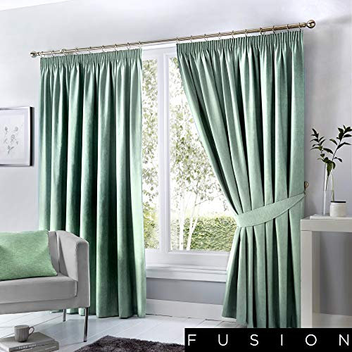 Fusion Pencil Pleat Blackout Curtains – Duck Egg Blue – W46 x L72 (117 x 183cm) – 100% Cotton – Thick Weave – Thermal & Soundproof Drapes – 2 Panels – Pleated Curtains for Bedroom/Living Room