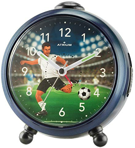 ATRIUM Kinderwecker Jungen Scorer Fußballer Stadion Dunkelblau Grün Schwarz Analog Quarz ohne Ticken mit Licht und Snooze A932-5