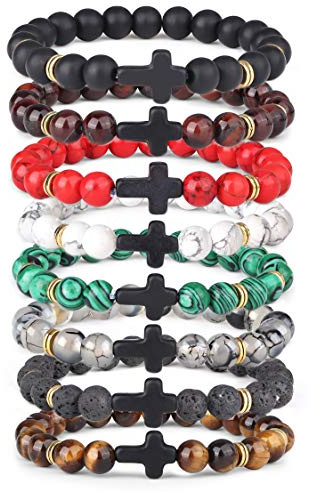 YADOCA 8 Stück 8MM Stein Armband für Männer Frauen Paare Tigerauge Stein Lavastein Armband für ätherisches Öl Heilung Armband Elastic Yoga Kreuz Armband