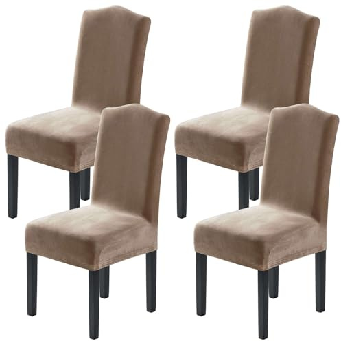 H.VERSAILTEX Dining Chair Covers Stretch for Dining Room Set of 4 Parson Chair Slipcovers Protectors, Soft Thick Solid Velvet Fabric Washable, Taupe