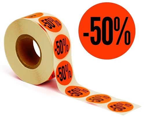POKORNYS – Aktionsetiketten “-50%” I Etiketten für reduzierte Ware I 1.000 selbstklebende Rabattaufkleber in leuchtendem Rot I permanent haftende, runde Klebeetiketten mit Ø 32mm