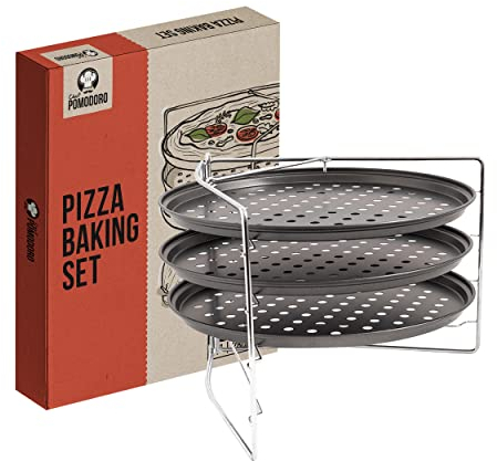Chef Pomodoro Set Bandejas Horno para Hornear Pizza con 3 Niveles y Rejilla (28 cm Diámetro), Bandejas Pizza Perforadas Antiadherentes, Bandejas de Horno con Agujeros, Barbacoa, Plato Pizza