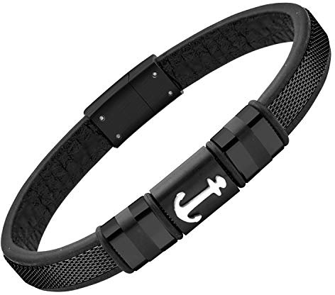 555Jewelry Braided Stainless Steel & Leather Bracelet for Men, Anchor Bracelet for Men, Cool Bracelets for Men, Mens Bracelets Leather and Steel, Black Bracelet for Men, 8.25 Inch, Black