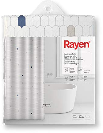 Rayen | Rideau de Douche ou de Baignoire | Imperméable à l’Eau | Polyester | Séchage Rapide | Opaque | Anneaux en PVC | Comprend 12 Crochets | 180 x 200 cm | Blanc avec cellules Bleues