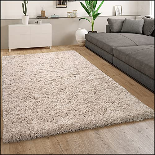 Paco Home Hochflor Teppich Wohnzimmer Flauschig Schlafzimmer Shaggy Modern Weich Einfarbiges Muster, Grösse:80x150 cm, Farbe:Beige