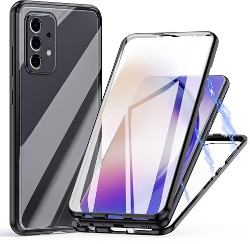 Hülle für Samsung Galaxy A53 5G, Magnetische Adsorption Handyhülle 360 Grad Schutz Aluminiumrahmen mit Gehärtetes Glas, Starke Magneten Stoßfest Metall Flip Case Cover - schwarz