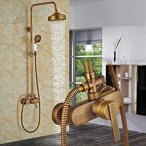 Duschsystem mit runder schwenkbarer Kopfbrause und schwenkbarem Duscharm für Wandmontage Badezimmer Duscharmatur inkl. 150cm Brauseschlauch aus rostfreiem Edelstahl Farbe: Messing Antik