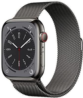 Apple Watch Series 8 (GPS + Cellular, 45mm) Smartwatch con cassa in acciaio inossidabile color grafite con Loop in maglia milanese color grafite. Fitness tracker, app Livelli O₂, resistente all’acqua