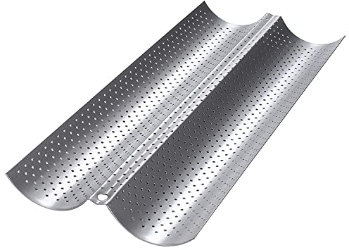 Dilpeak Molde pan Baguette, Bandejas Horno con Revestimiento Antiadherente para 2 Baguette, Accesorios para Hornear Pan de Acero Inoxidable Molde para Pan (38x16.2x2.4cm plata)