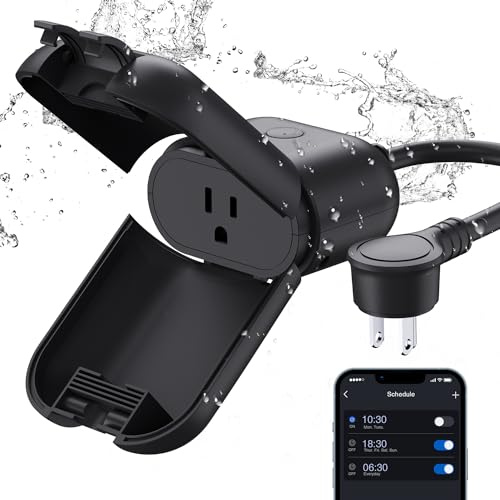 ELEGRP PQR10 Outdoor Smart Plug Waterproof IP66, WiFi Plug Compatible with Alexa & Google Assistant, Smart Outdoor Outlet for String Lights, No Hub Required, 1875 Max, UL Certified, 1 Pack, Black
