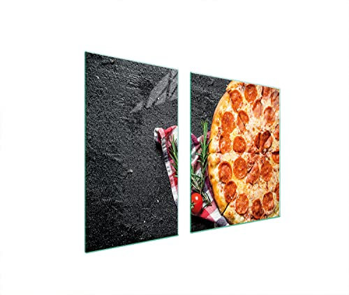 DarHaus Herdabdeckplatten tweiteilig 100x52 cm Ceranfeld Abdeckung Glas Spritzschutz Abdeckplatte Glasplatte Herd Ceranfeldabdeckung Deko, Schiefer Pizza