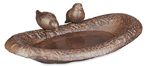 Relaxdays Vogeltränke Gusseisen, Garten & Balkon, HxBxT: 7 x 24 x 12,5 cm, Vogelfutterstelle, Wasserschale Vögel, braun