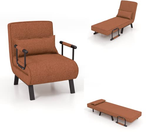 LIFEZEAL Vikbar bäddsoffa, multifunktionell sovstol med 5-vägs justerbart ryggstöd, bäddsoffa, loungesoffa med kudde, soffa för små hus, lägenhet, kontor, upp till 150 kg (brun)